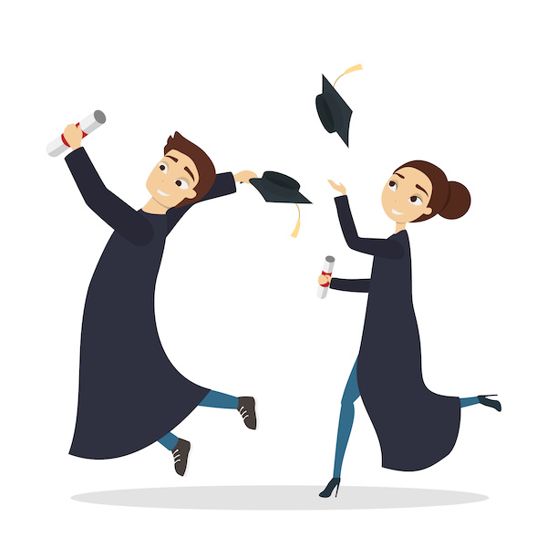 Animation of two students celebrating graduation.